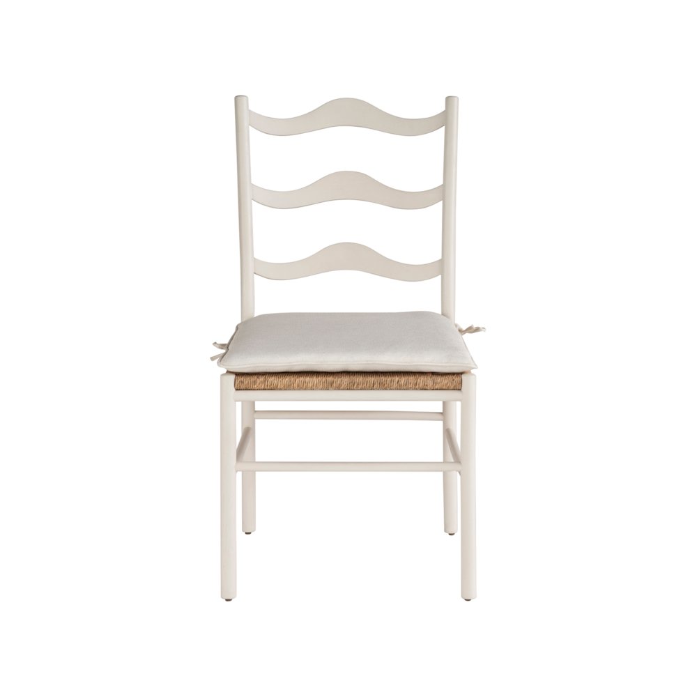 White Wooden Dining Chairs with Rattan Seat and Linen Upholstery. Picture 1