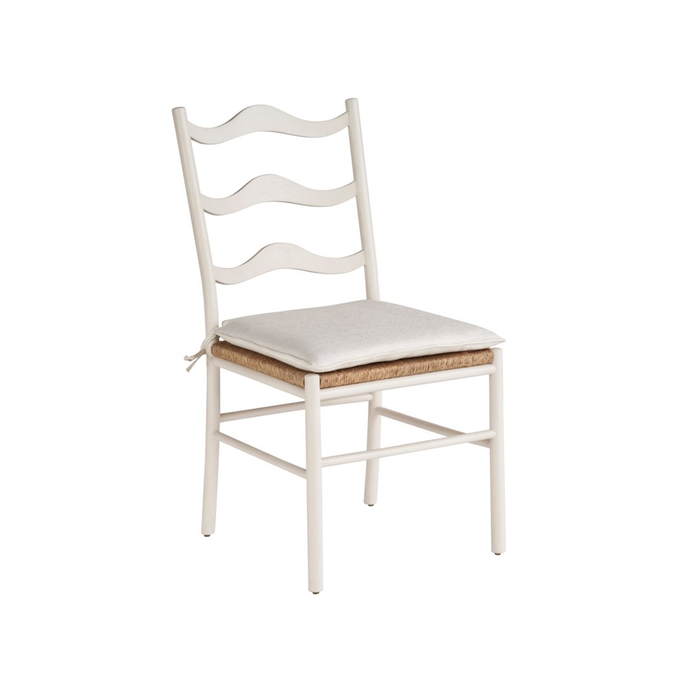 White Wooden Dining Chairs with Rattan Seat and Linen Upholstery. Picture 4