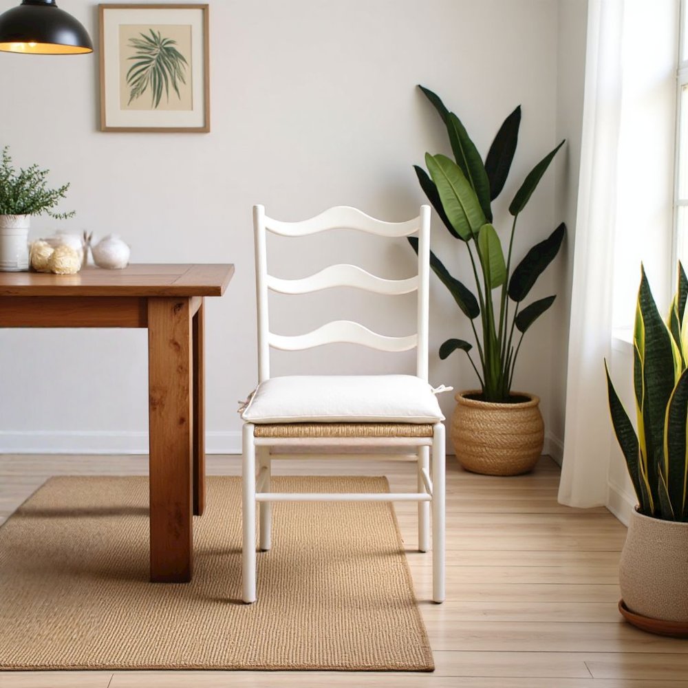 White Wooden Dining Chairs with Rattan Seat and Linen Upholstery. Picture 2