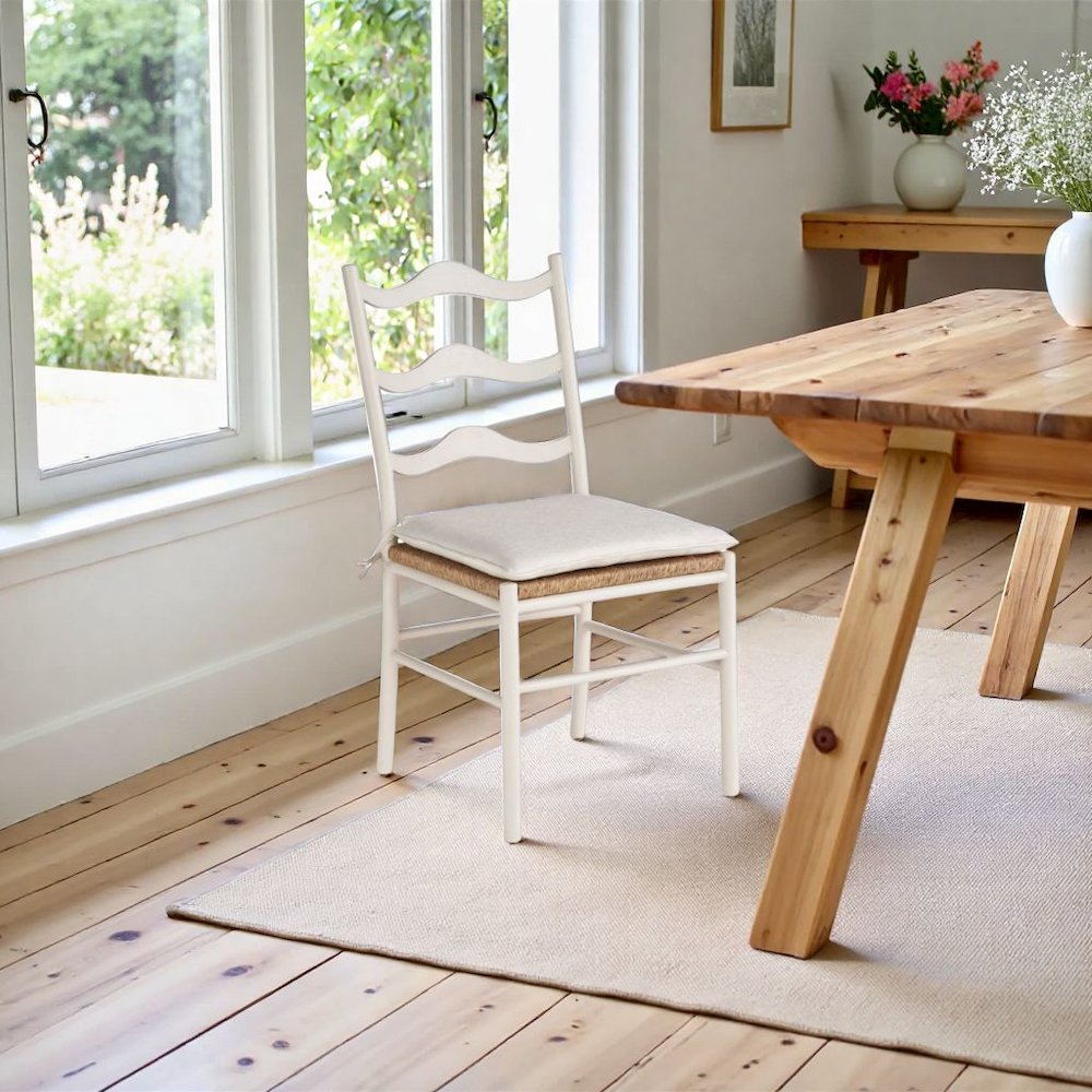 White Wooden Dining Chairs with Rattan Seat and Linen Upholstery. Picture 3