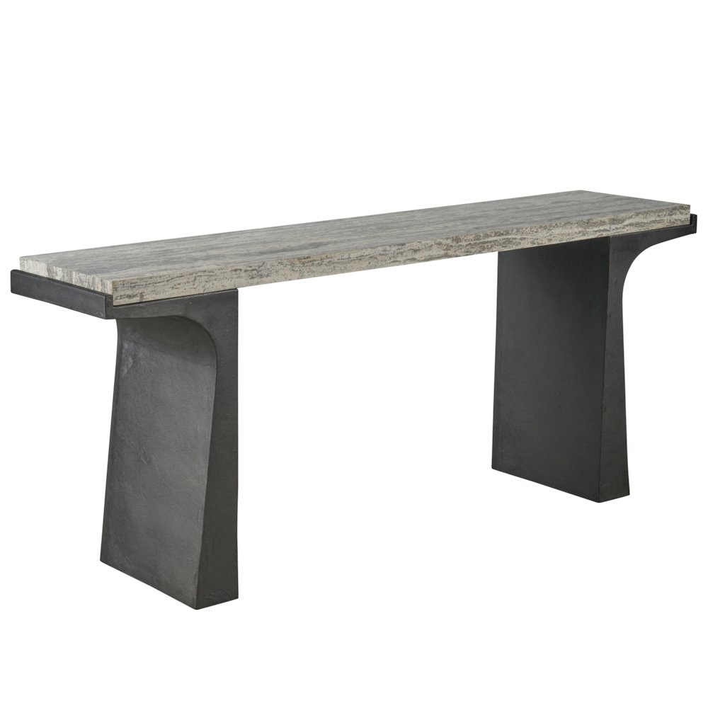 Quill Console Table In White Travertine/Dark Bronze Color. Picture 2