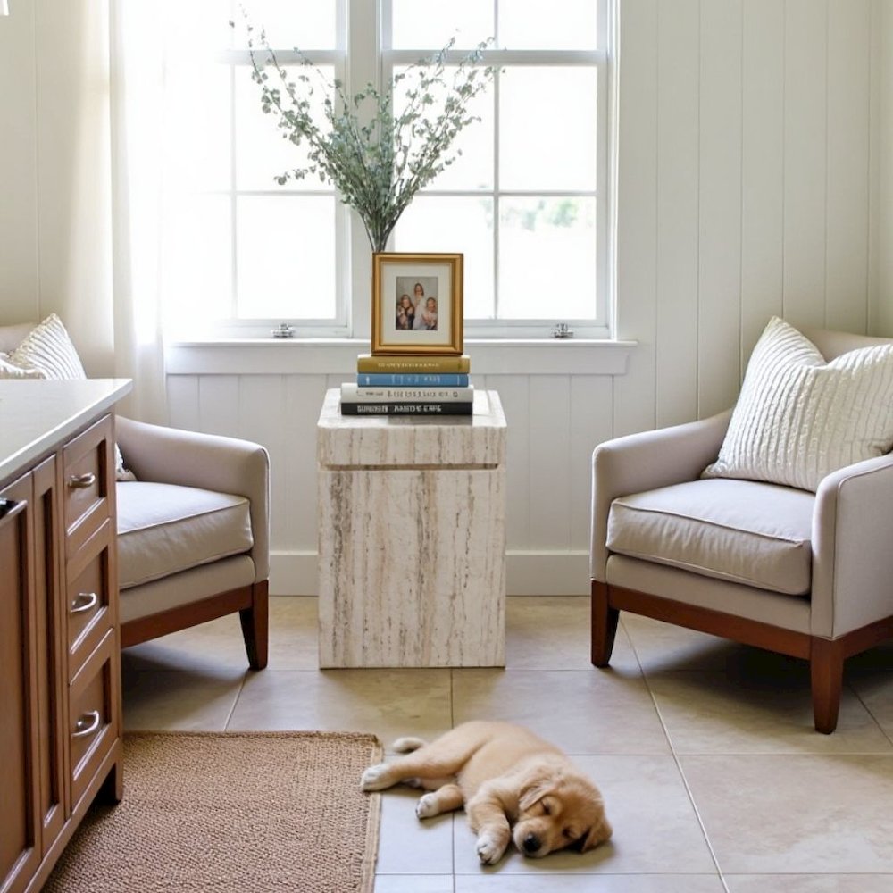 Natural Travertine Stone Accent Table with Honed Finish and Felt Pads. Picture 2