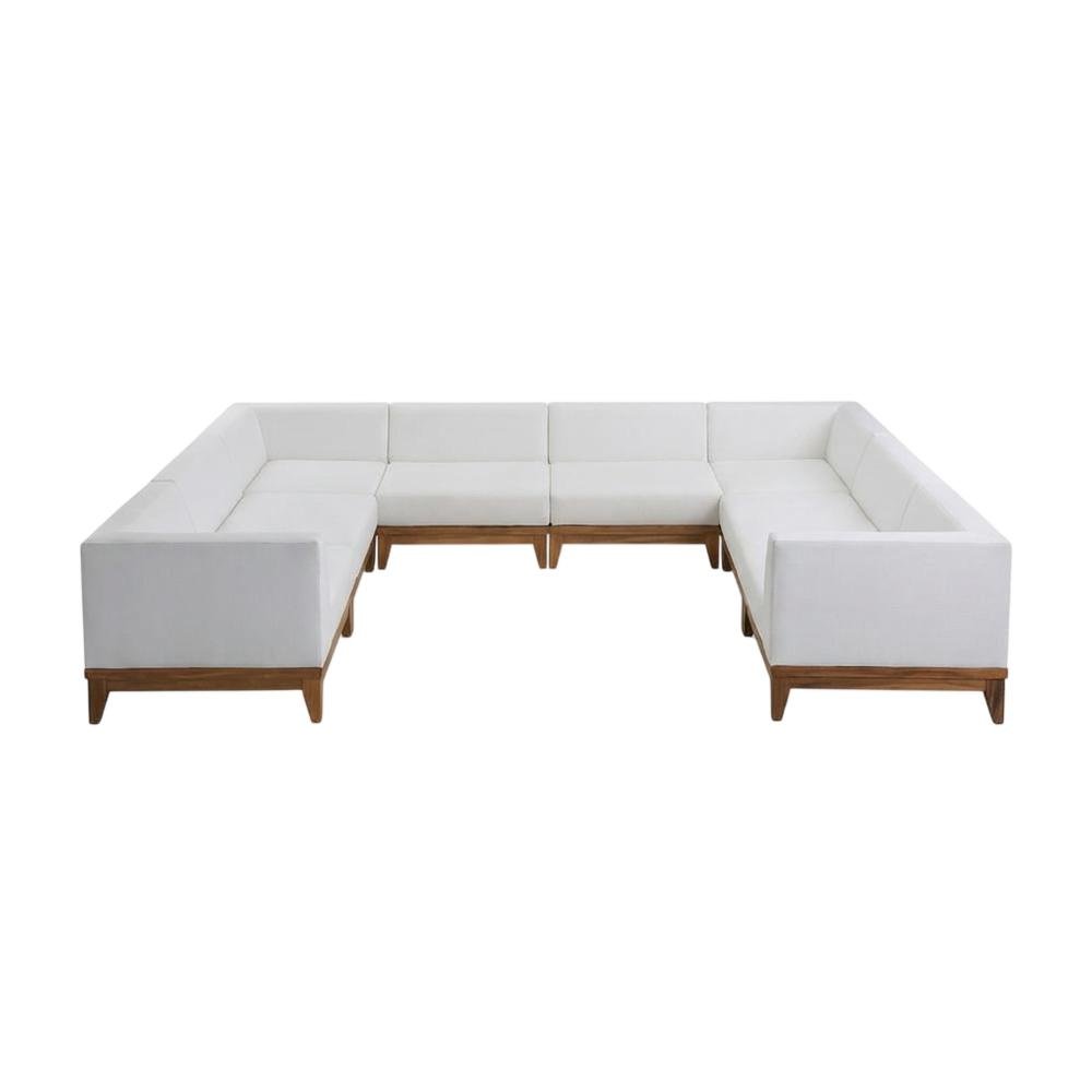 White Fabric Outdoor Patio Modular Sectional With Acacia Wood Finish. Picture 1