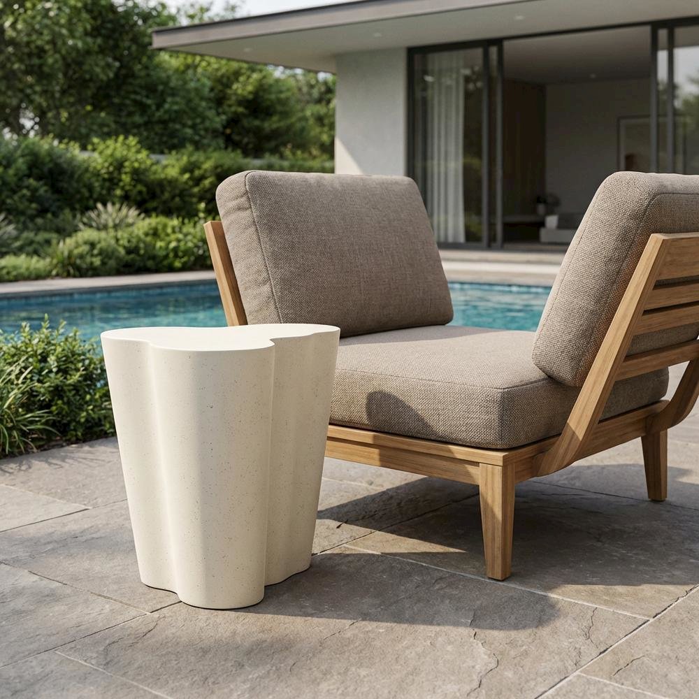 Cream Concrete And Fiberglass Indoor Outdoor End Table With Art Deco Style. Picture 3