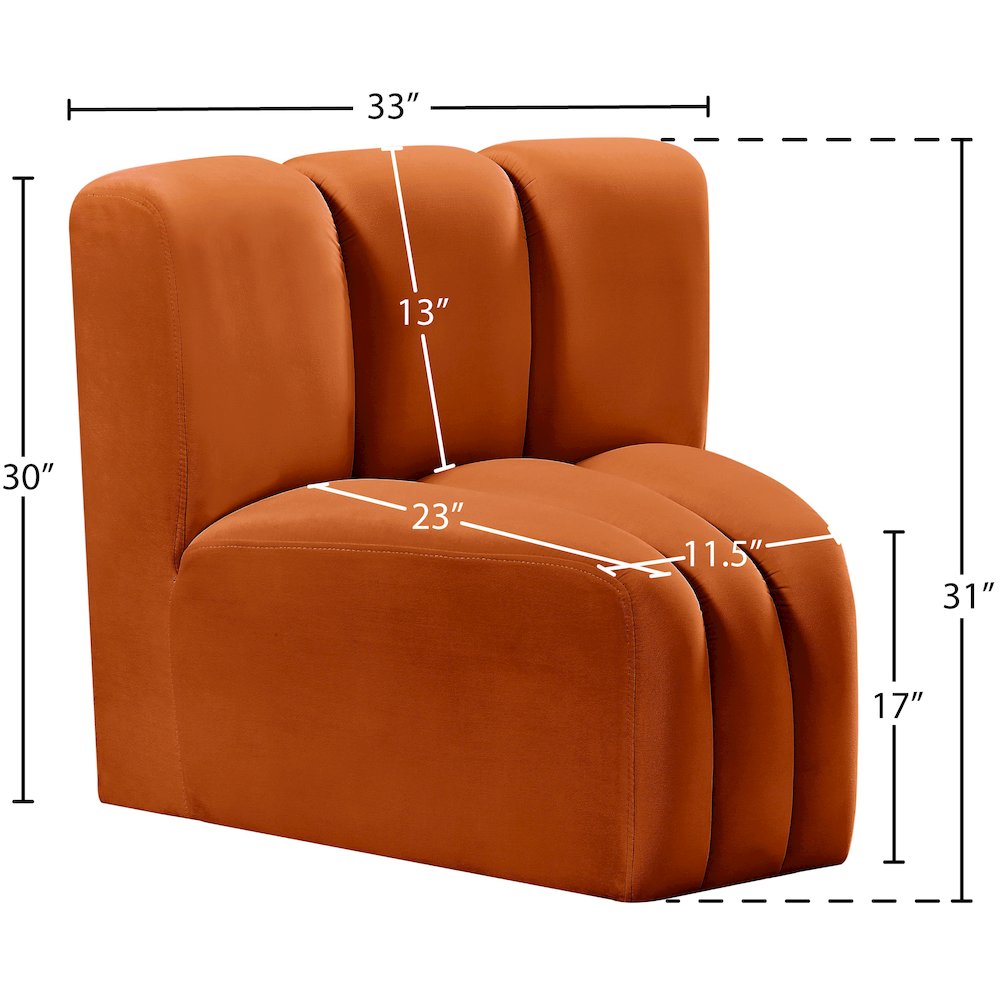 Arc Cognac Velvet Curved Corner. Picture 8
