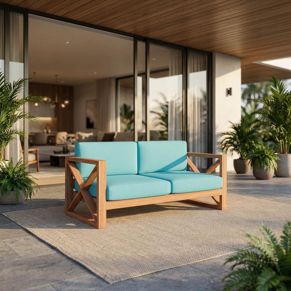 Blue Fabric Outdoor Loveseat With Pillow And Light Finish. Picture 2