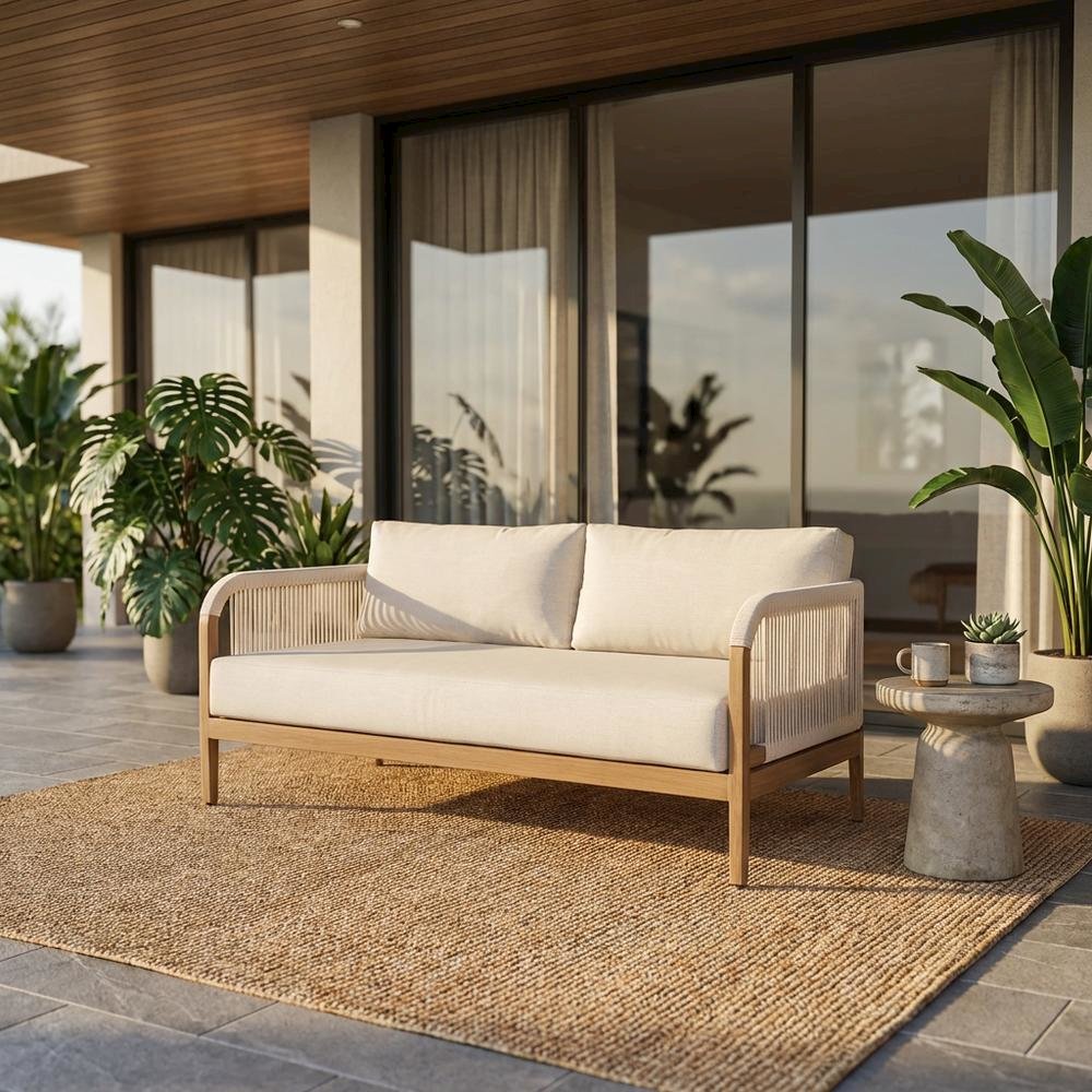 Cream Fabric Outdoor Patio Loveseat With Aluminum Frame And Cushions. Picture 2