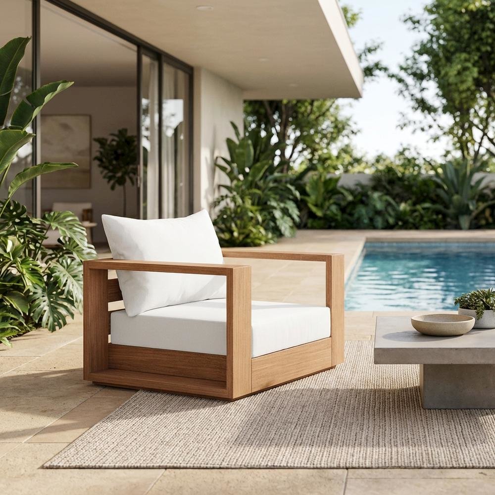 Contemporary White Fabric Outdoor Chair With Pillow And Finish - Natural Teak. Picture 3