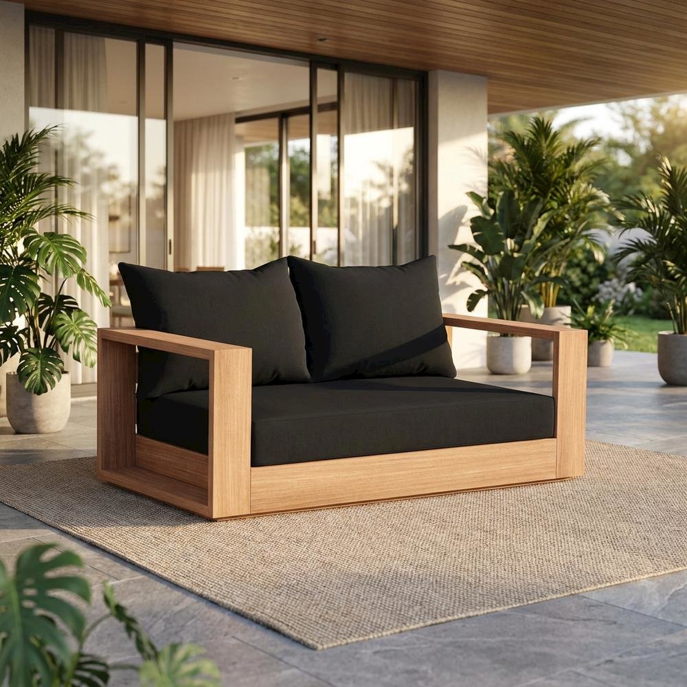 Contemporary Outdoor Loveseat In Black Fabric With Cushion And Light Teak Finish. Picture 2