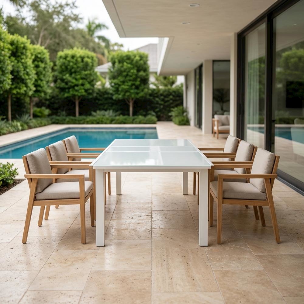 Contemporary White Outdoor Dining Table For Patio With Adjustable Width. Picture 3