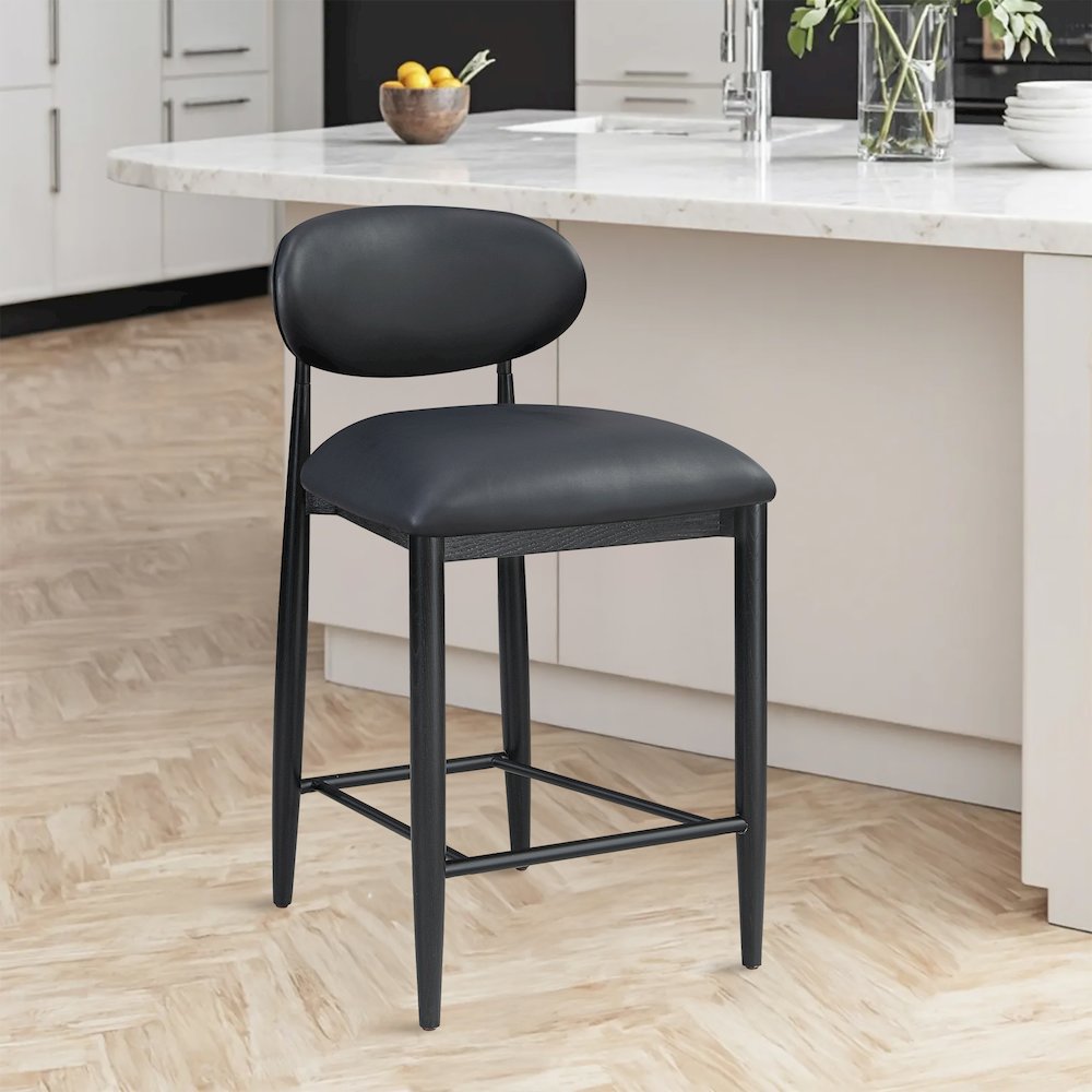 Riccio Black Vegan Leather Upholstered Stool. Picture 2