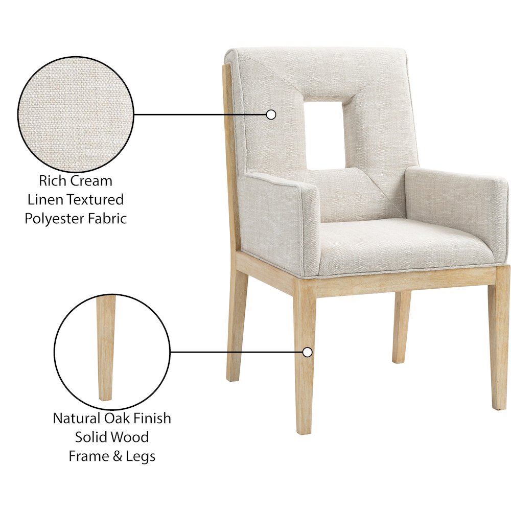 Gwendolyn Cream Linen Textured Fabric Dining Arm Chair. Picture 10