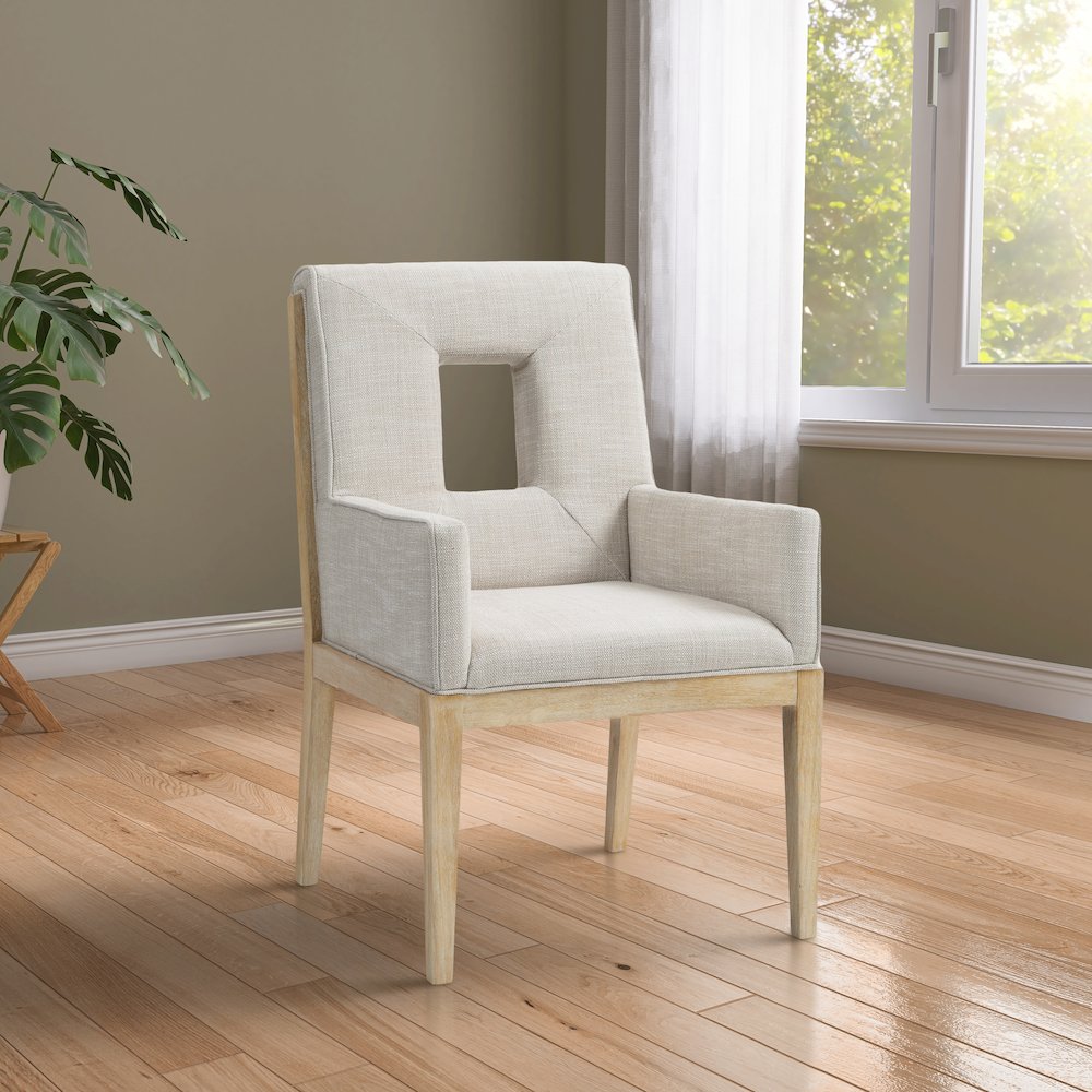 Gwendolyn Cream Linen Textured Fabric Dining Arm Chair. Picture 2