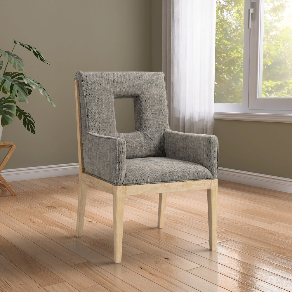 Gwendolyn Grey Linen Textured Fabric Dining Arm Chair. Picture 2
