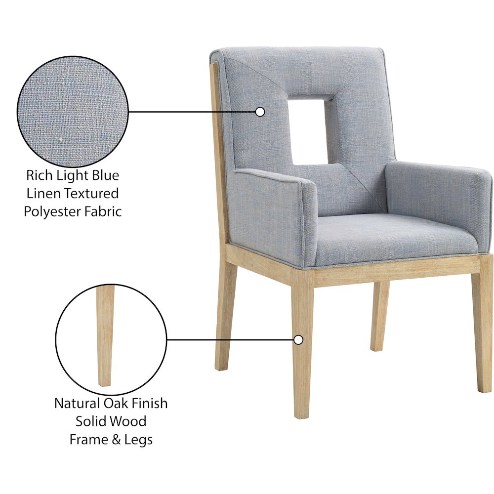 Gwendolyn Light Blue Linen Textured Fabric Dining Arm Chair. Picture 10