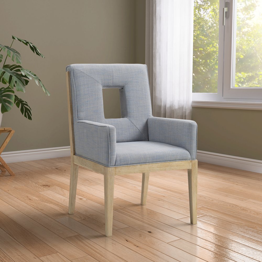 Gwendolyn Light Blue Linen Textured Fabric Dining Arm Chair. Picture 2