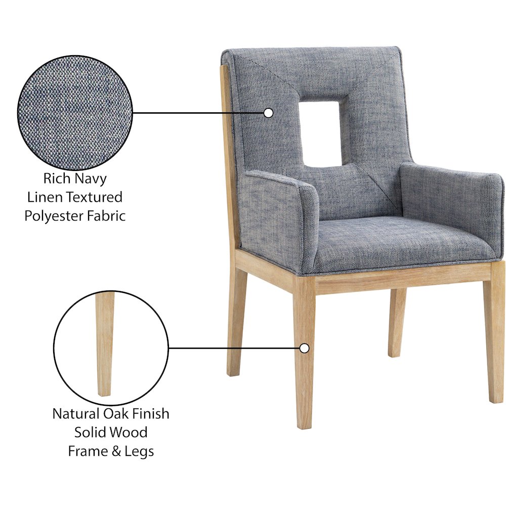 Gwendolyn Navy Linen Textured Fabric Dining Arm Chair. Picture 10