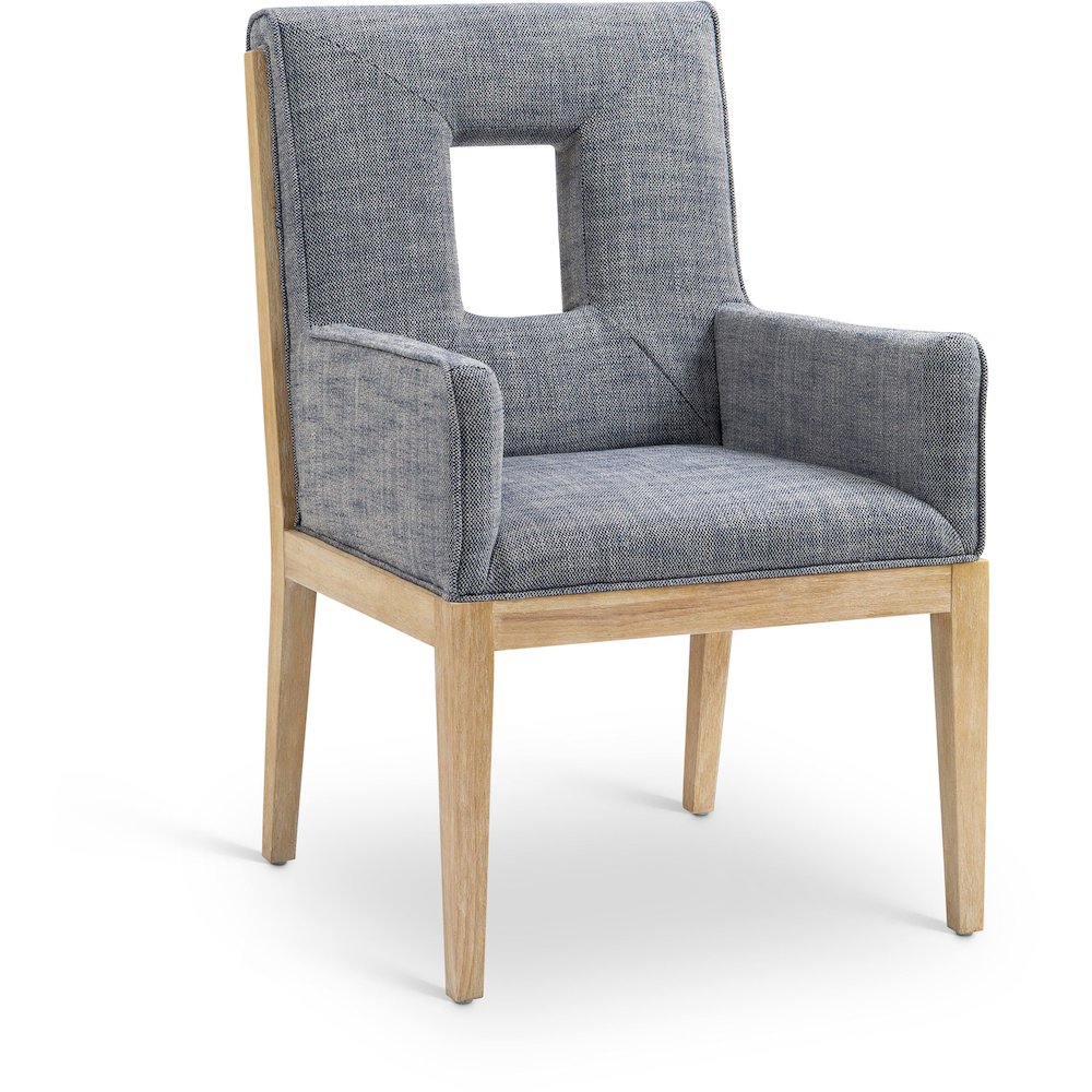 Gwendolyn Navy Linen Textured Fabric Dining Arm Chair. Picture 1