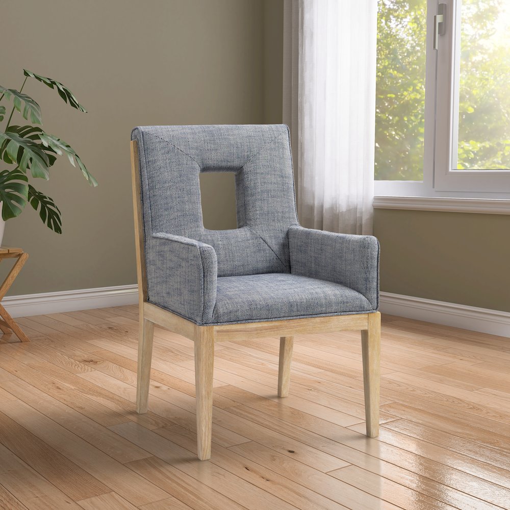 Gwendolyn Navy Linen Textured Fabric Dining Arm Chair. Picture 2