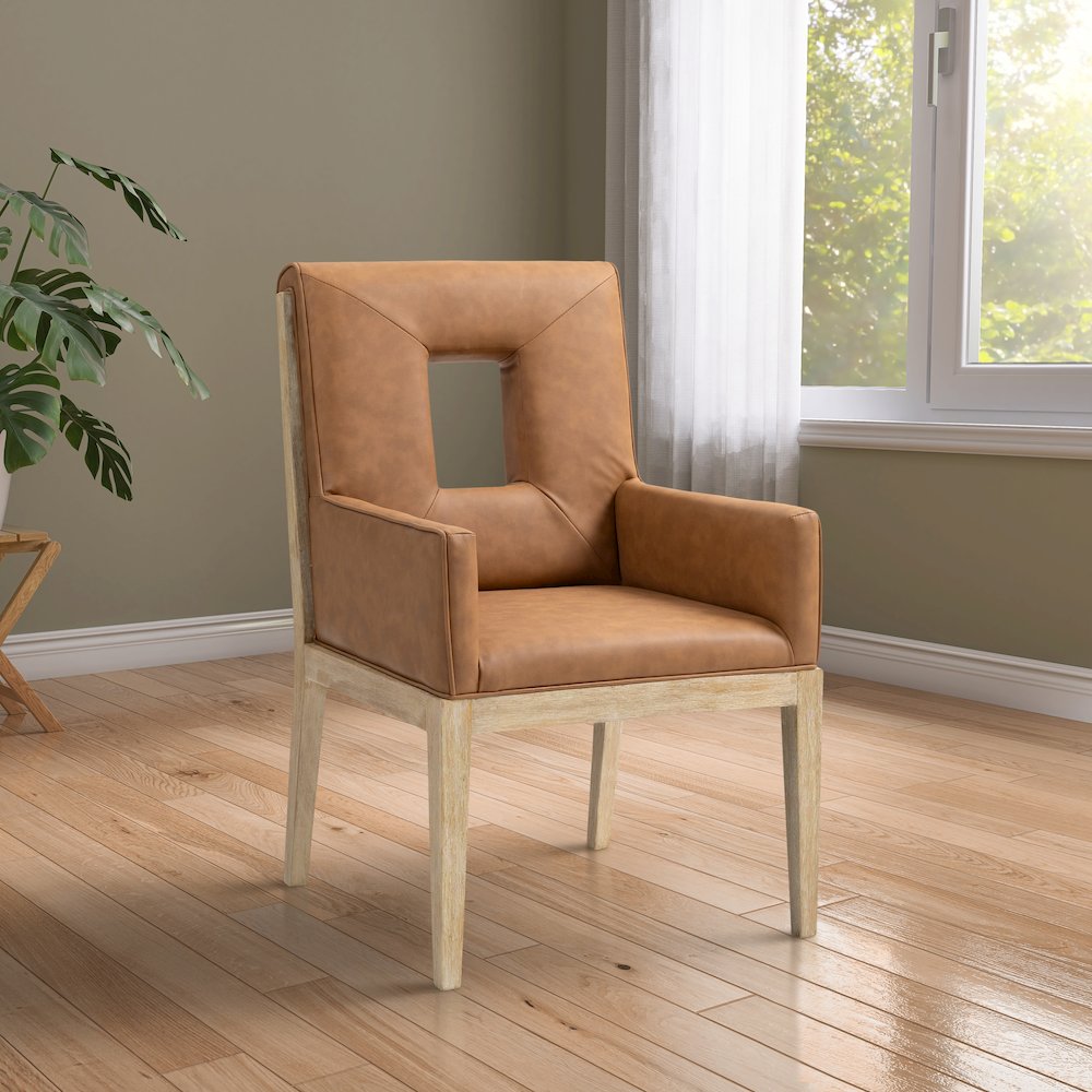 Gwendolyn Cognac Vegan Leather Dining Arm Chair. Picture 2
