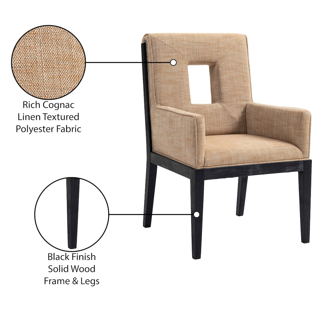Gwendolyn Cognac Linen Textured Fabric Dining Arm Chair. Picture 10