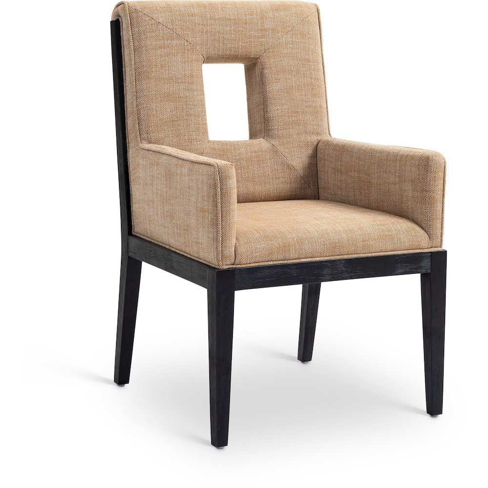 Gwendolyn Cognac Linen Textured Fabric Dining Arm Chair. Picture 1