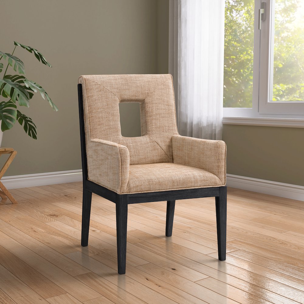 Gwendolyn Cognac Linen Textured Fabric Dining Arm Chair. Picture 2