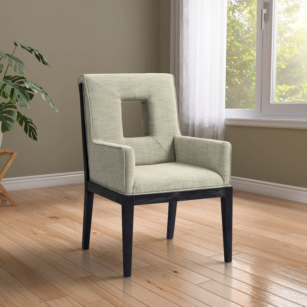 Gwendolyn Green Linen Textured Fabric Dining Arm Chair. Picture 2