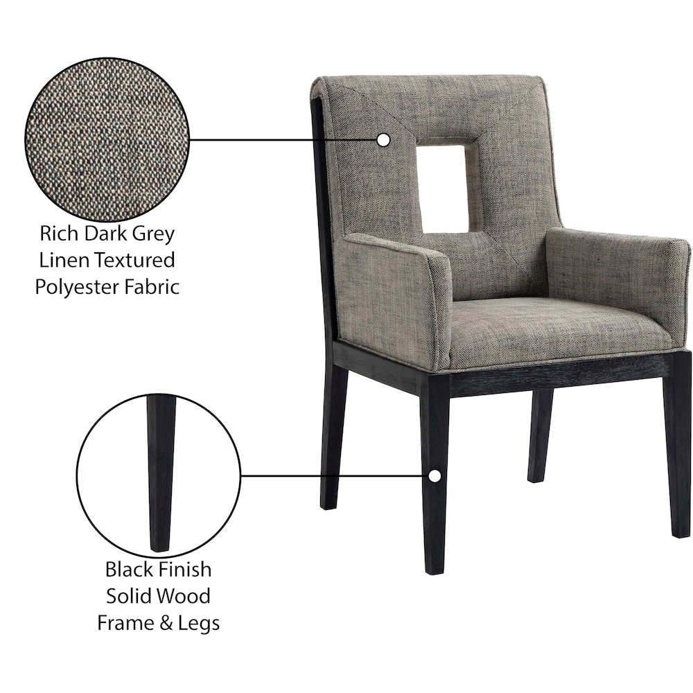Gwendolyn Grey Linen Textured Fabric Dining Arm Chair. Picture 10