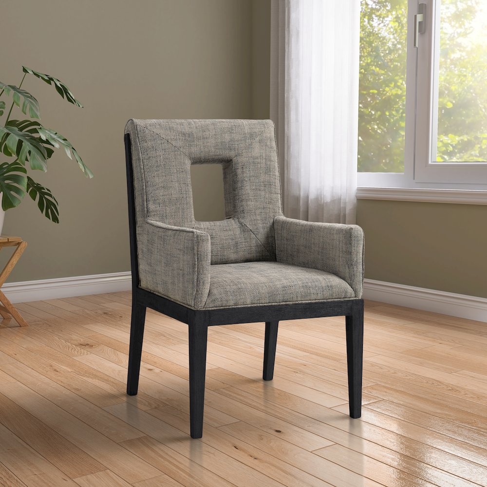 Gwendolyn Grey Linen Textured Fabric Dining Arm Chair. Picture 2
