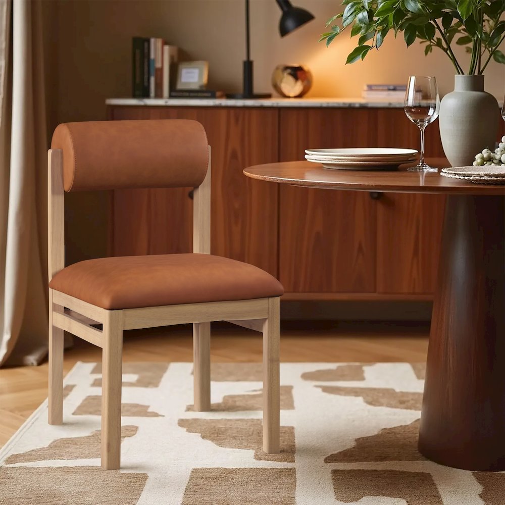 Roundhill Cognac Vegan Leather Upholstered Dining Chair, Set of 2. Picture 7