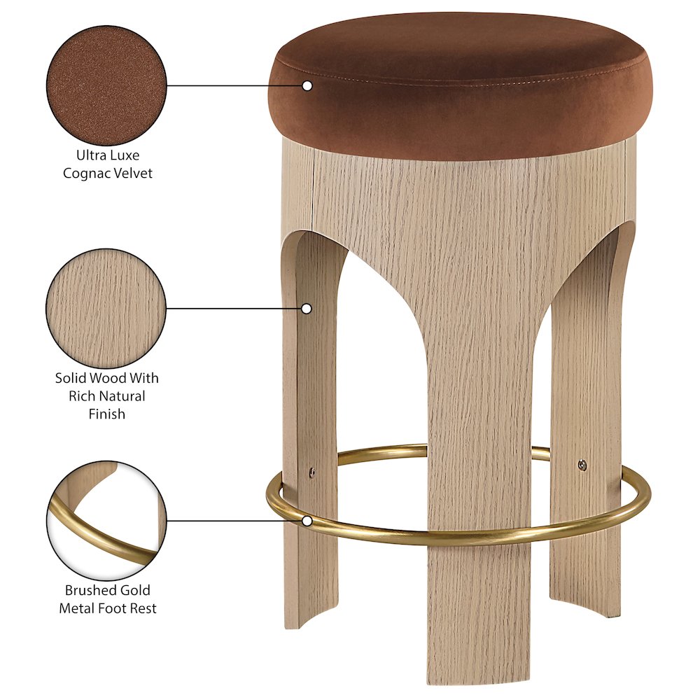 Bocceli Cognac Velvet Upholstered Counter Stool. Picture 5