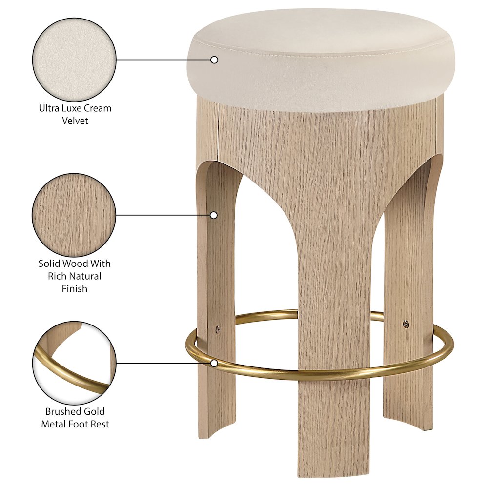 Bocceli Cream Velvet Upholstered Counter Stool. Picture 5