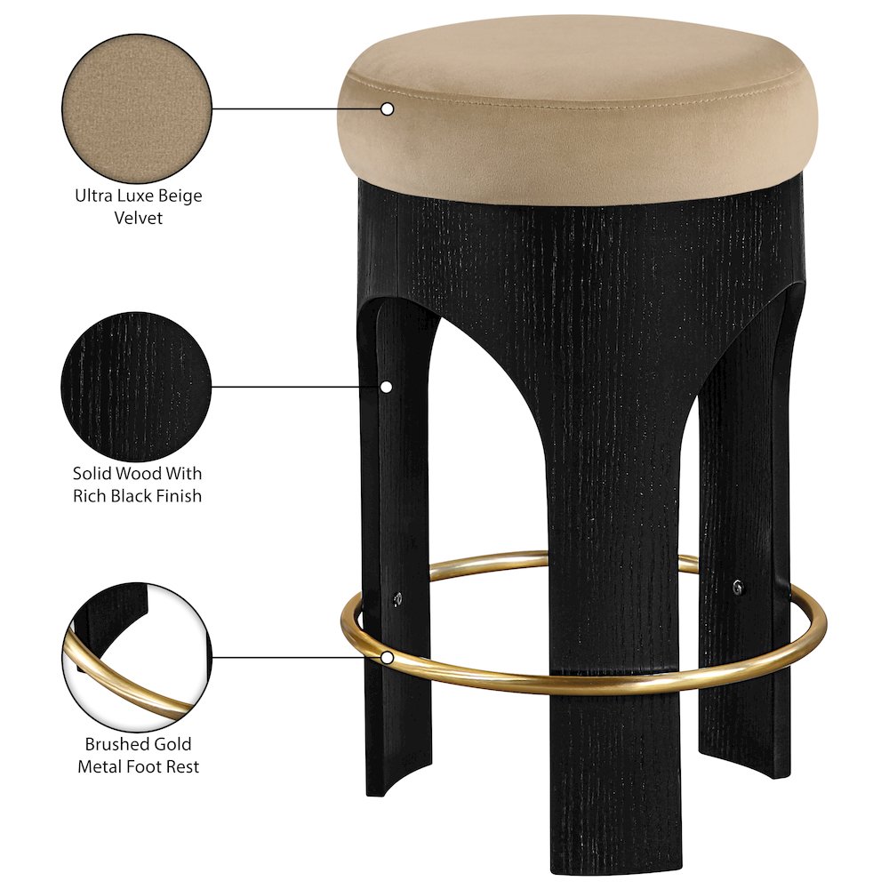 Bocceli Beige Velvet Upholstered Counter Stool. Picture 5