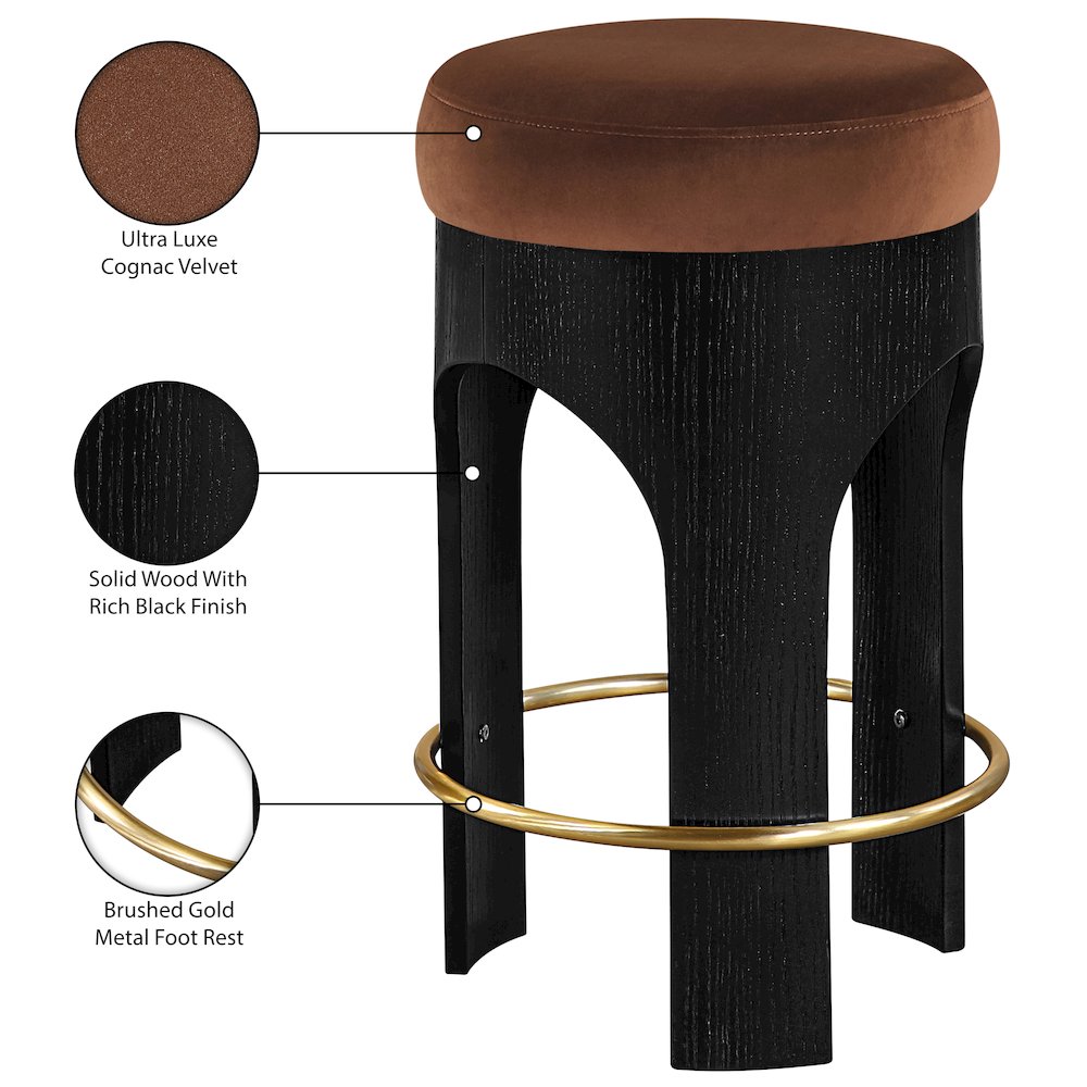 Bocceli Cognac Velvet Upholstered Counter Stool. Picture 5