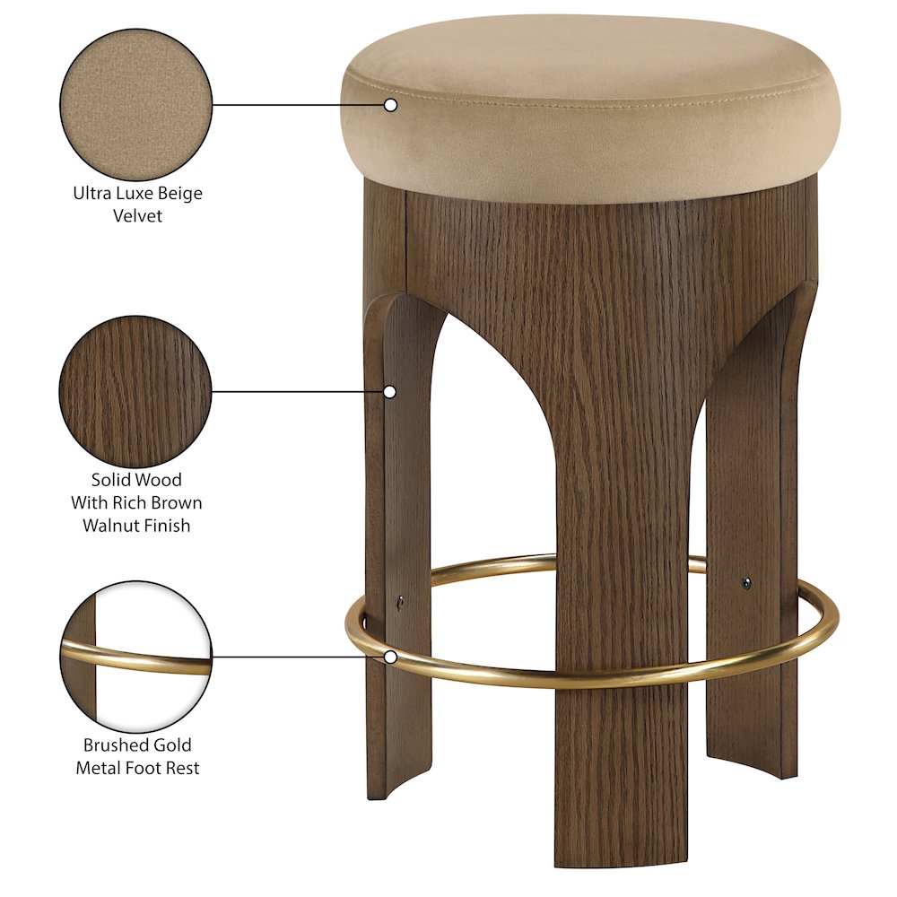 Bocceli Beige Velvet Upholstered Counter Stool. Picture 5