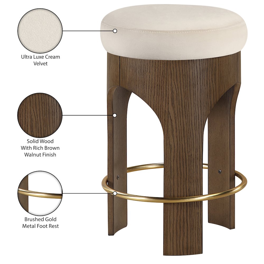 Bocceli Cream Velvet Upholstered Counter Stool. Picture 5