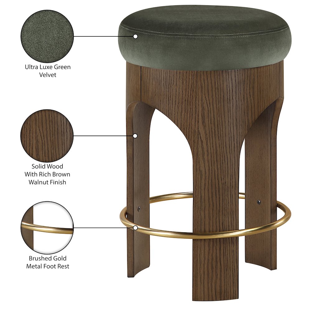 Bocceli Green Velvet Upholstered Counter Stool. Picture 5