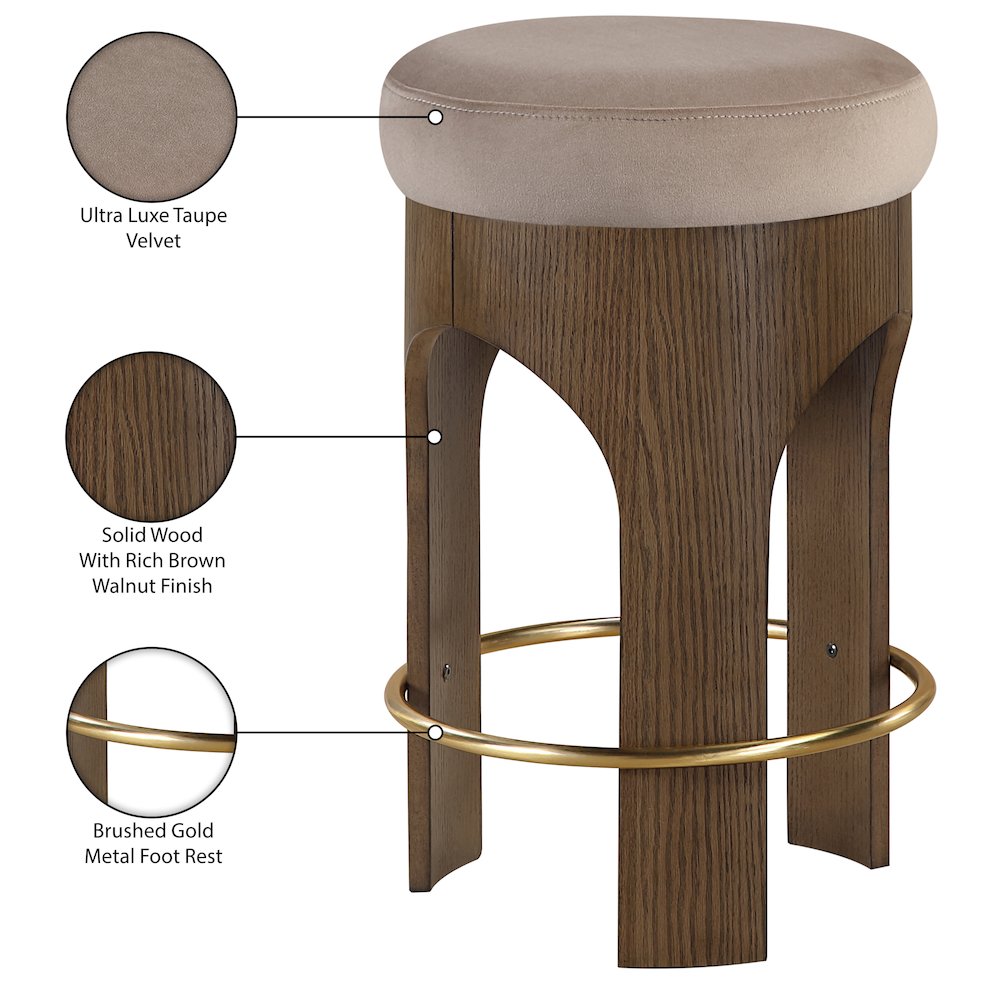 Bocceli Taupe Velvet Upholstered Counter Stool. Picture 5
