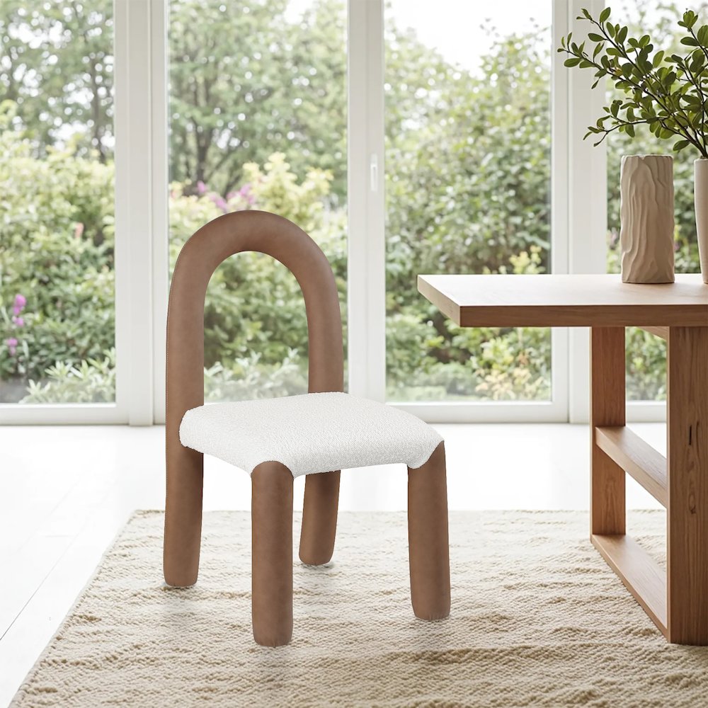 Amari Brown Vegan Leather and Boucle Fabric Dining Chair, Set of 2. Picture 2