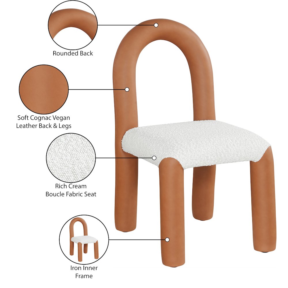 Amari Cognac Vegan Leather and Boucle Fabric Dining Chair, Set of 2. Picture 9