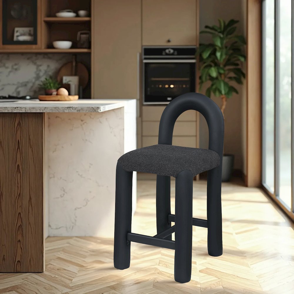 Amari Black Vegan Leather and Boucle Fabric Stool. Picture 2