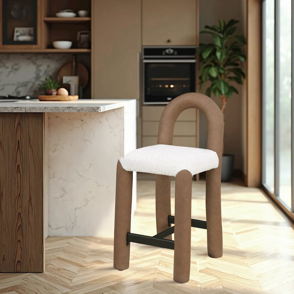 Amari Brown Vegan Leather and Boucle Fabric Stool. Picture 2