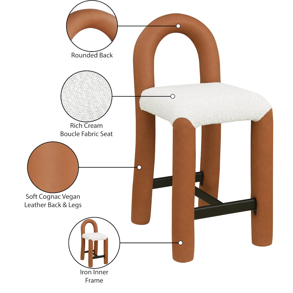 Amari Cognac Vegan Leather and Boucle Fabric Stool. Picture 9