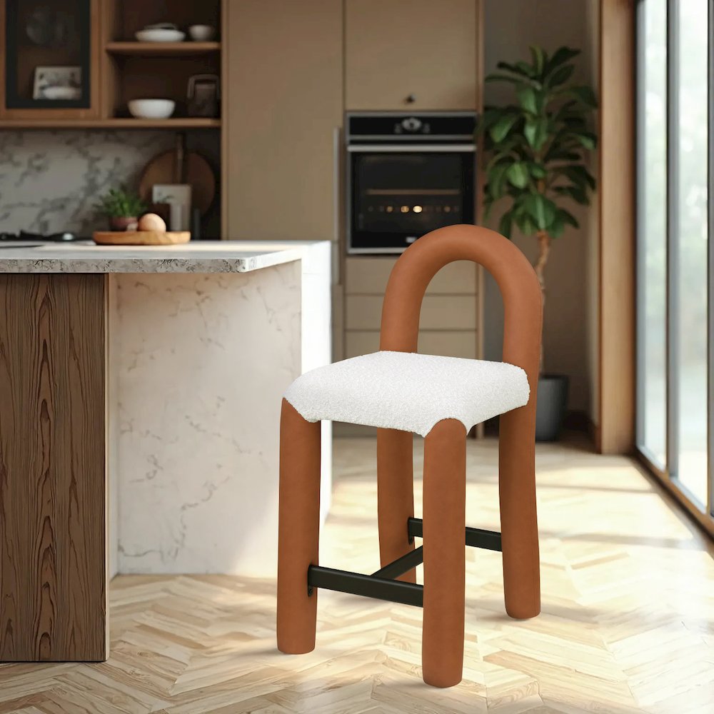 Amari Cognac Vegan Leather and Boucle Fabric Stool. Picture 2