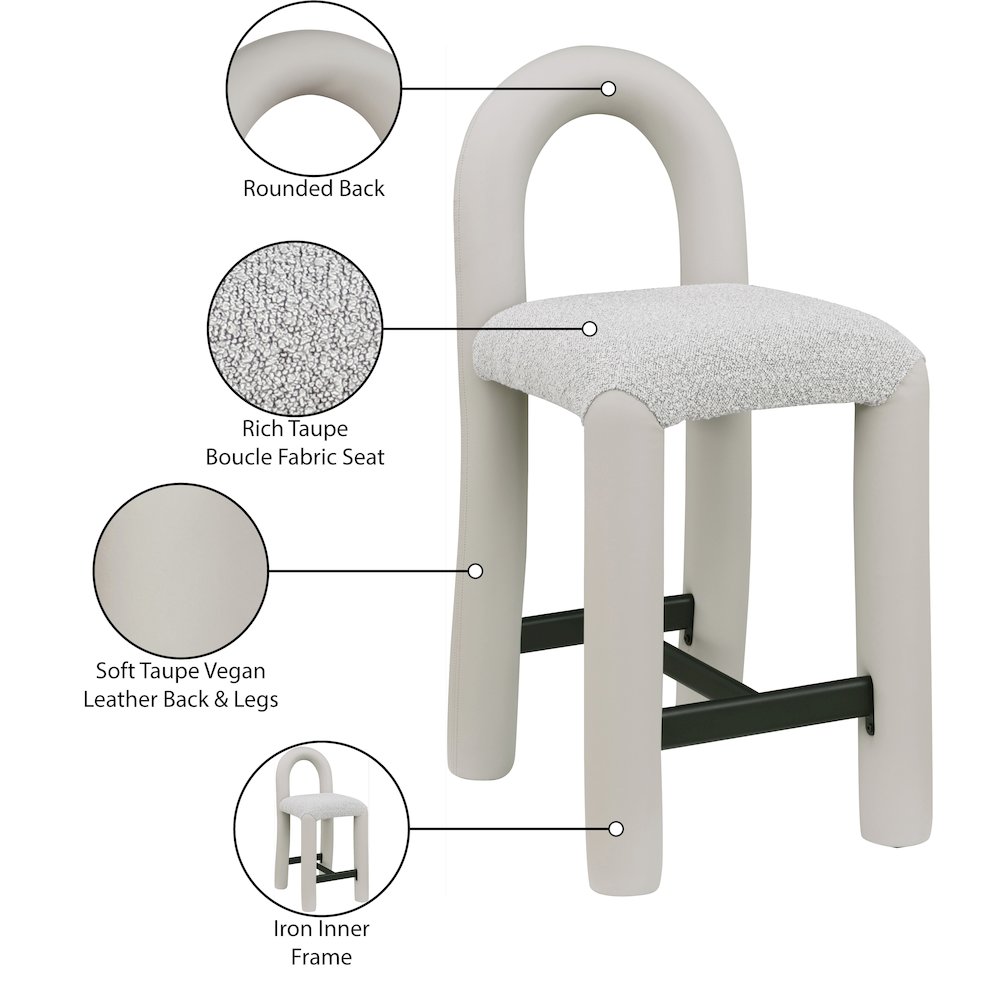 Amari Taupe Vegan Leather and Boucle Fabric Stool. Picture 9