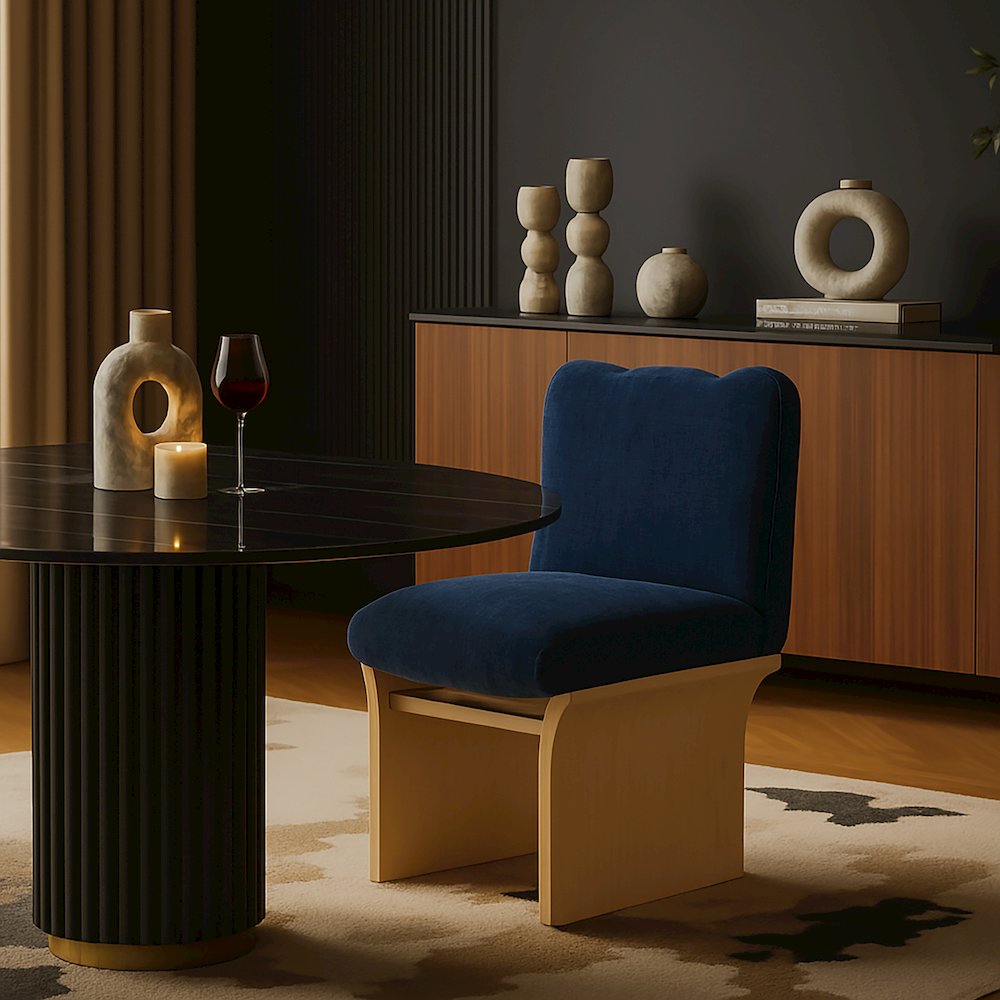 Shaw Navy Chenille Fabric Upholstered Dining Chair. Picture 6