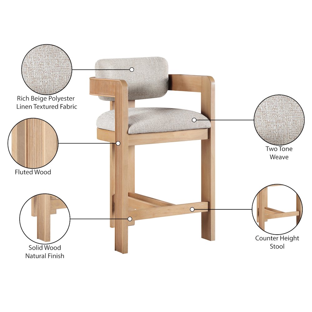 Sacha Beige Linen Textured Fabric Upholstered Counter Stool. Picture 10