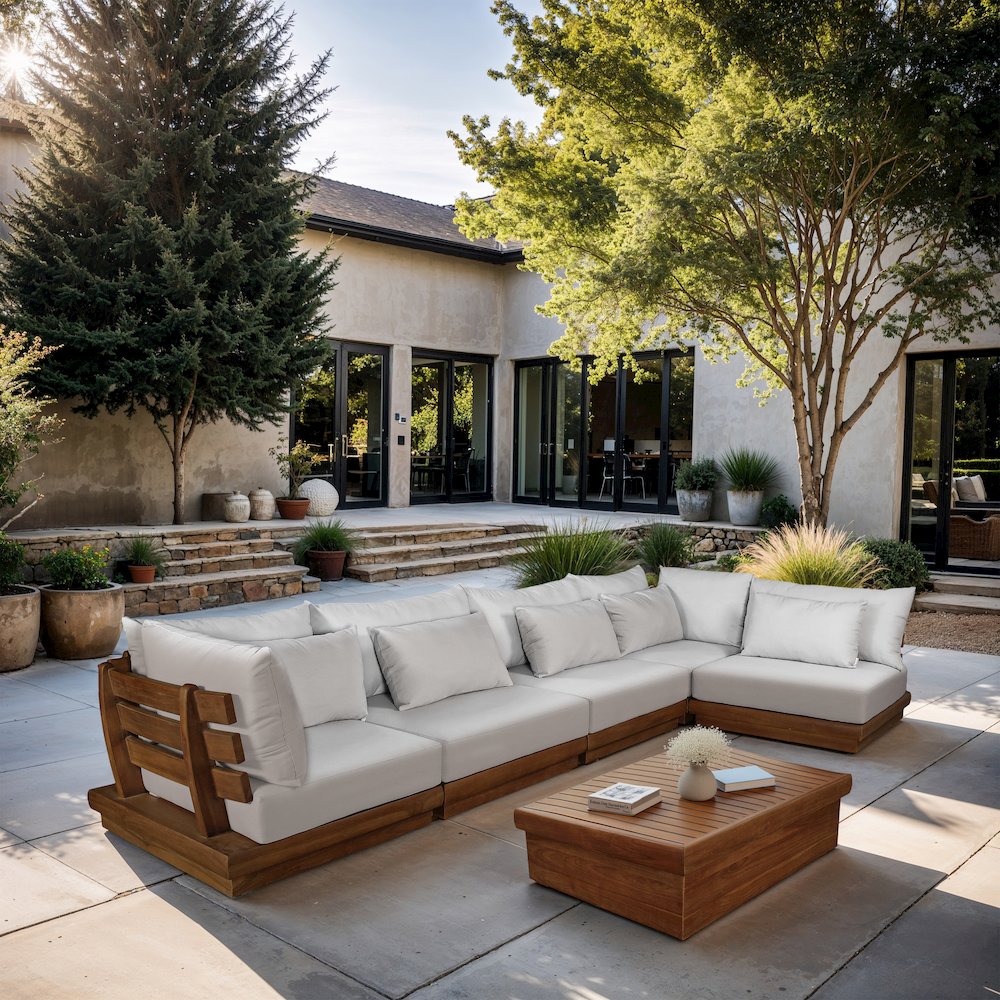 Mirella 150" White Water Resistant Fabric 5pc Patio Sectional. Picture 2