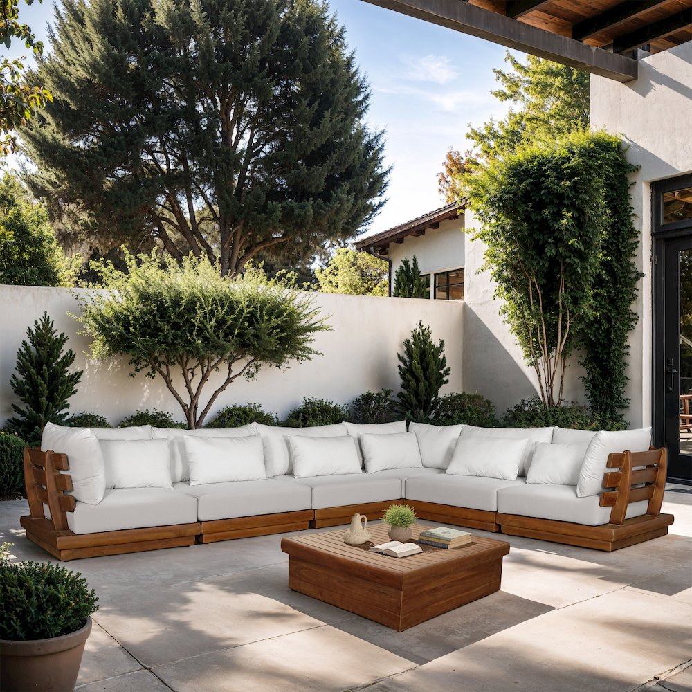 Mirella 150" White Water Resistant Fabric 6pc Patio Sectional. Picture 2